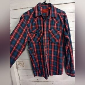 Rustler Western Pearl Snap Plaid Flannel Shirt Red Blue Long Sleeve Medium.